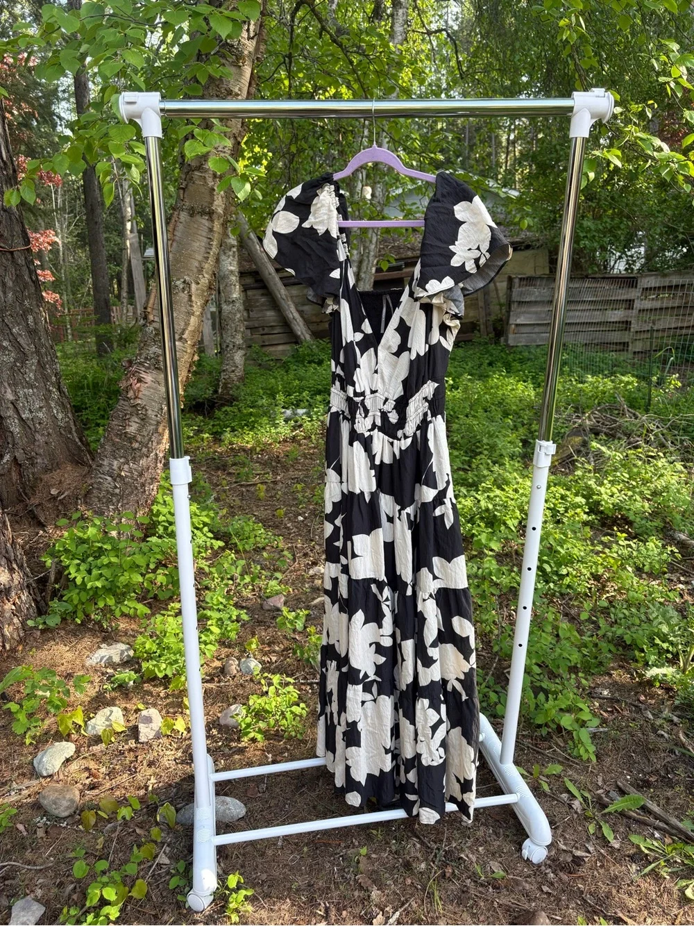 Black Floral Maxi Dress with Cream Blooms and Statement Sleeves - Picture 2 of 4